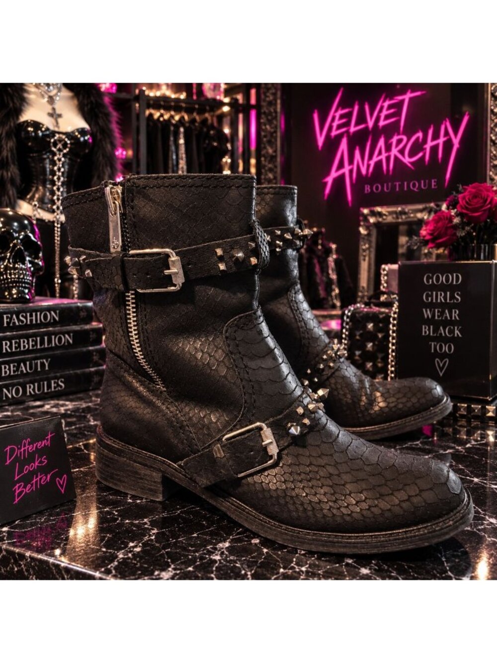 Sam Edelman Adele Leather Snake Print Studded Moto Boots Goth Emo Rave Sz 9.5 M